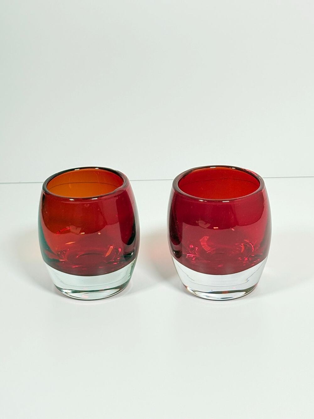 Pair of Deep Ruby Red Glass Votive Candle Holders Thick Clear Base